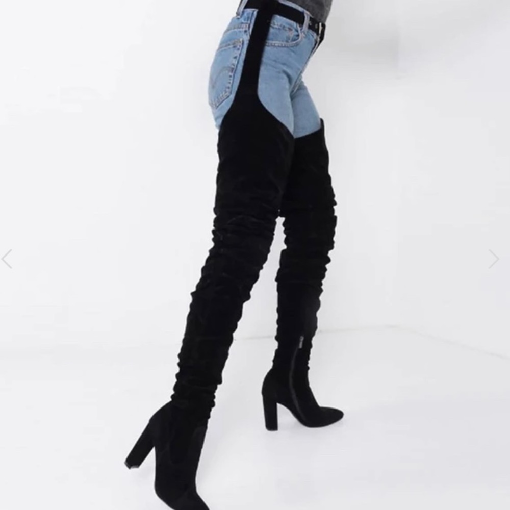 Embossed Belted Thigh High Boots